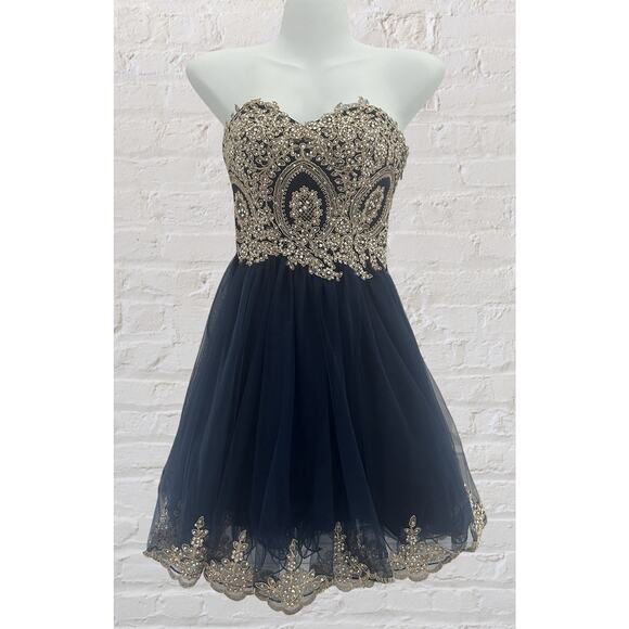 ARIA Couture Navy & Gold Bead Prom Event Dress Formal HOCO Sz XS 0 Balletcore - Picture 1 of 10